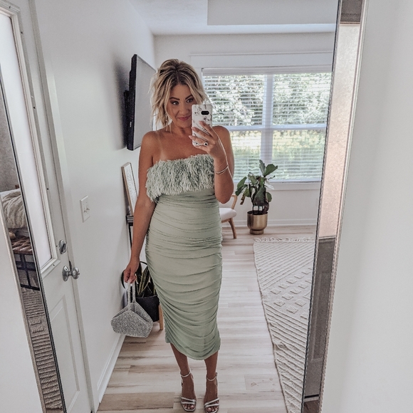 ASOS DESIGN bandeau faux feather mesh midi dress in sage green - 8 - Picture 5 of 8